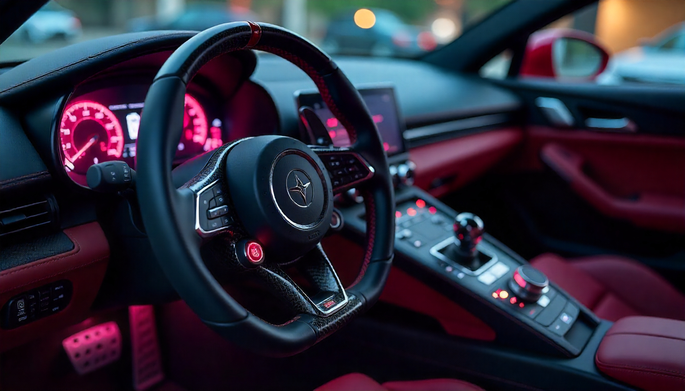Handcrafted carbon fiber steering wheel inside a luxury performance car showing detailed weave and high-gloss finish.