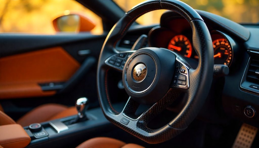 Handcrafted carbon fiber steering wheel inside a luxury performance car showing detailed weave and high-gloss finish.