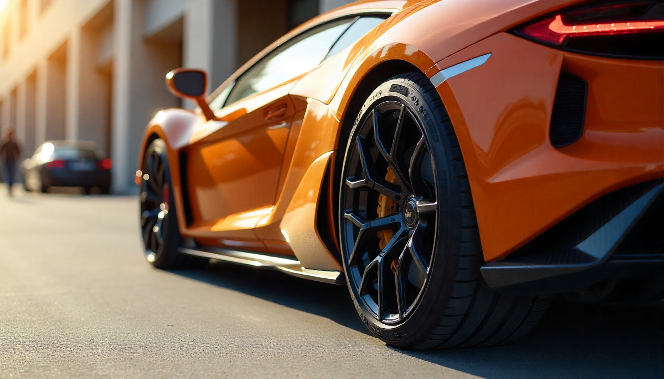 Close-up of handcrafted carbon fiber wheels on an exotic sports car, showcasing glossy weave texture and custom finish in a premium urban setting.