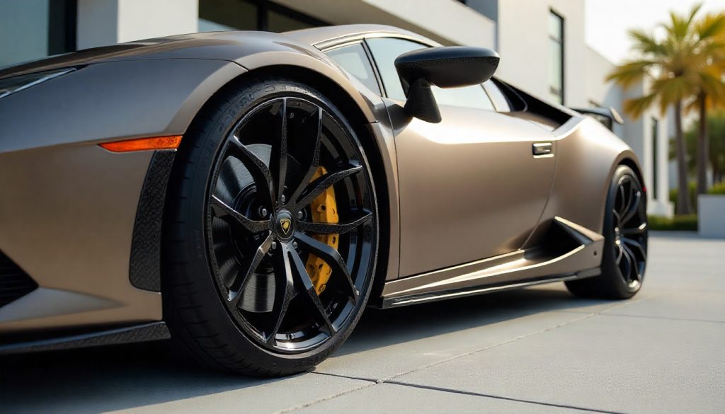 Close-up of handcrafted carbon fiber wheels on an exotic sports car, showcasing glossy weave texture and custom finish in a premium urban setting.