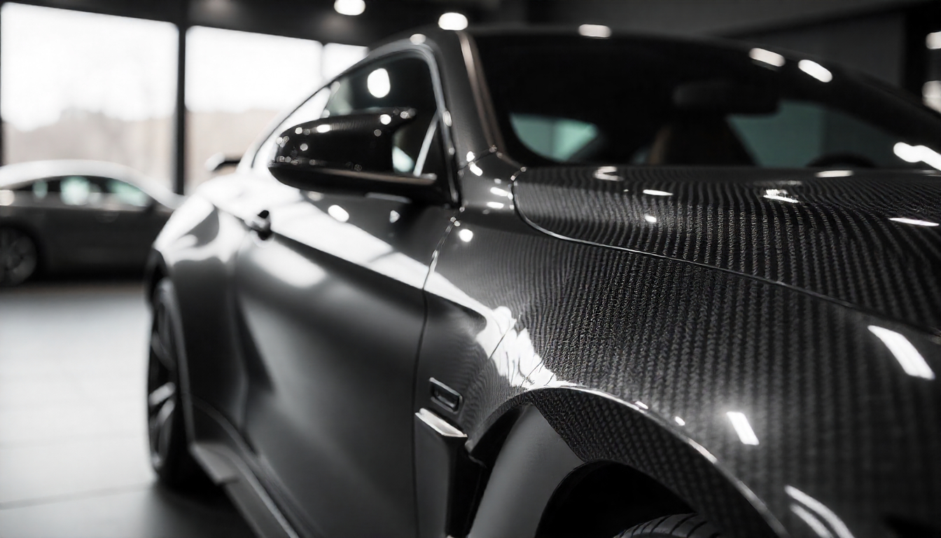 BMW M4 showcasing carbon fiber roof, spoiler, and mirror caps in a luxury showroom with close-up of carbon fiber texture and high-performance styling