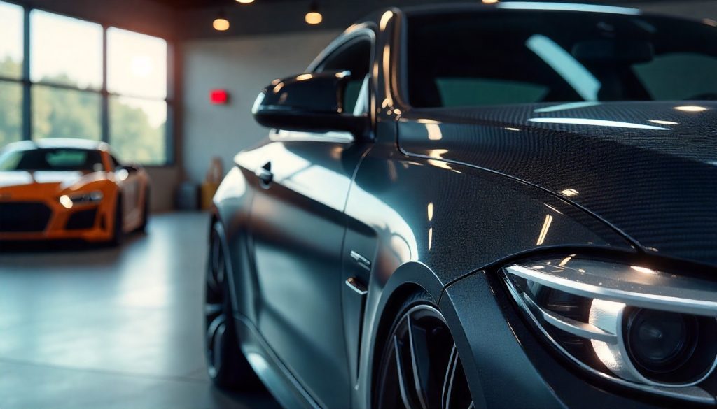BMW M4 showcasing carbon fiber roof, spoiler, and mirror caps in a luxury showroom with close-up of carbon fiber texture and high-performance styling
