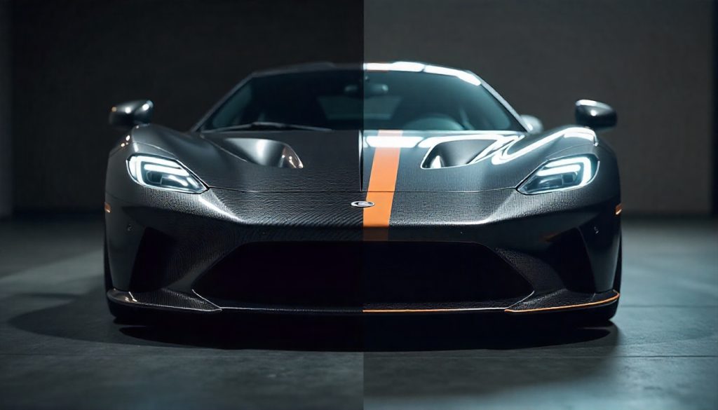 Close-up comparison of carbon fiber and steel textures with a luxury sports car in the background highlighting the difference in material strength and design quality