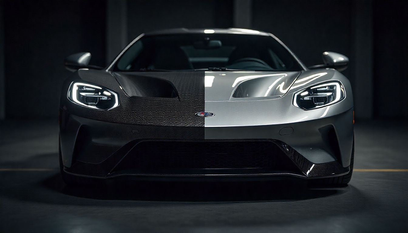 Close-up comparison of carbon fiber and steel textures with a luxury sports car in the background highlighting the difference in material strength and design quality