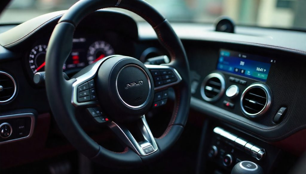 Close-up of a half carbon fiber and half leather steering wheel in a luxury car interior, highlighting material textures and premium design elements