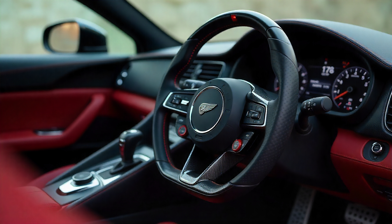 Close-up of a half carbon fiber and half leather steering wheel in a luxury car interior, highlighting material textures and premium design elements