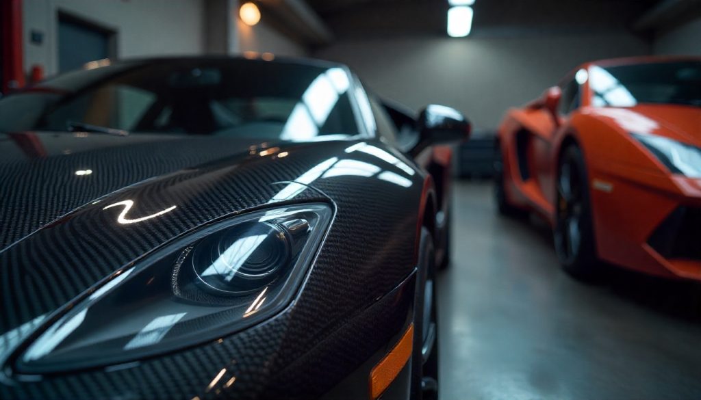 Close-up of a glossy carbon fiber car part beside a traditional steel panel, highlighting the contrast in strength, texture, and premium finish.