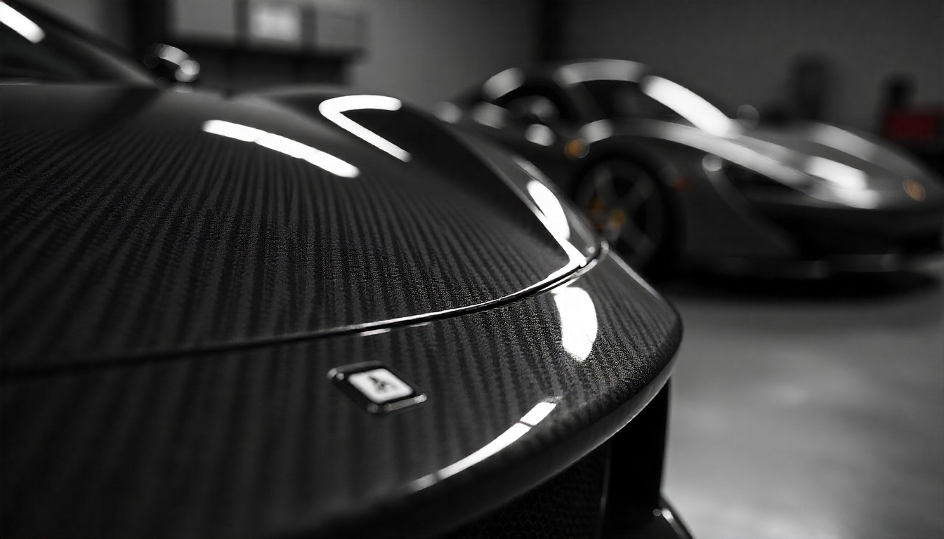 Close-up of a glossy carbon fiber car part beside a traditional steel panel, highlighting the contrast in strength, texture, and premium finish.