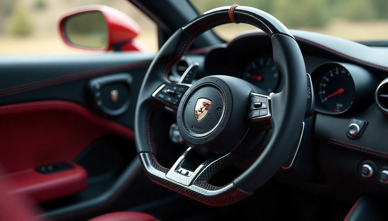 Handcrafted carbon fiber steering wheel with glossy weave and custom stitching inside a luxury performance car interior