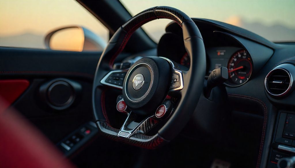 Handcrafted carbon fiber steering wheel with glossy weave and custom stitching inside a luxury performance car interior