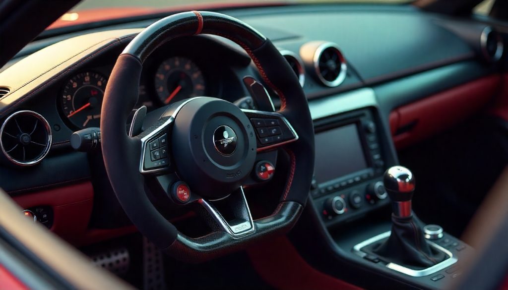 Close-up of a premium racing steering wheel made from carbon fiber, Alcantara, suede, and leather inside a luxury sports car cockpit with carbon fiber dashboard trim.