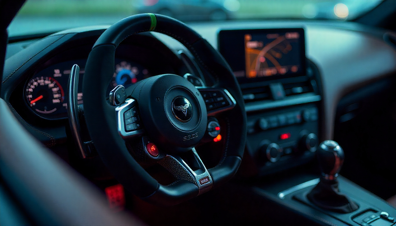 Close-up of a premium racing steering wheel made from carbon fiber, Alcantara, suede, and leather inside a luxury sports car cockpit with carbon fiber dashboard trim.