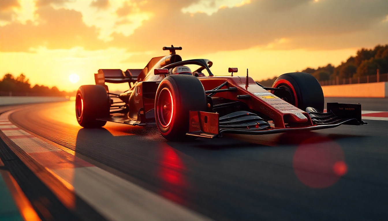 Close-up of a Formula 1 car on the track with glowing brakes and magnesium alloy wheels, contrasted by broken carbon fiber wheel fragments to highlight why F1 avoids carbon fiber wheels