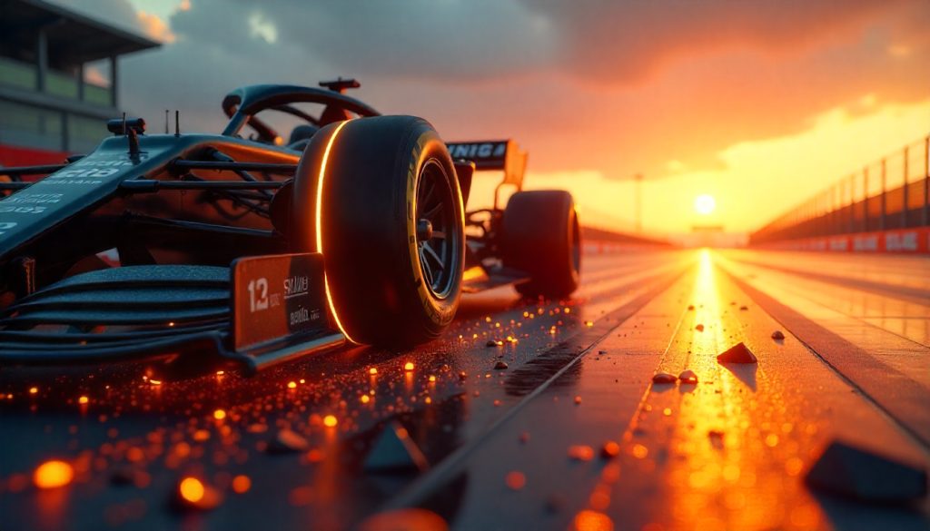 Close-up of a Formula 1 car on the track with glowing brakes and magnesium alloy wheels, contrasted by broken carbon fiber wheel fragments to highlight why F1 avoids carbon fiber wheels