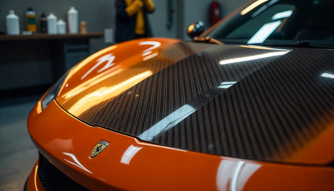 Freshly painted carbon fiber hood of a luxury sports car in a professional garage with painting tools and clear gloss finish visible.