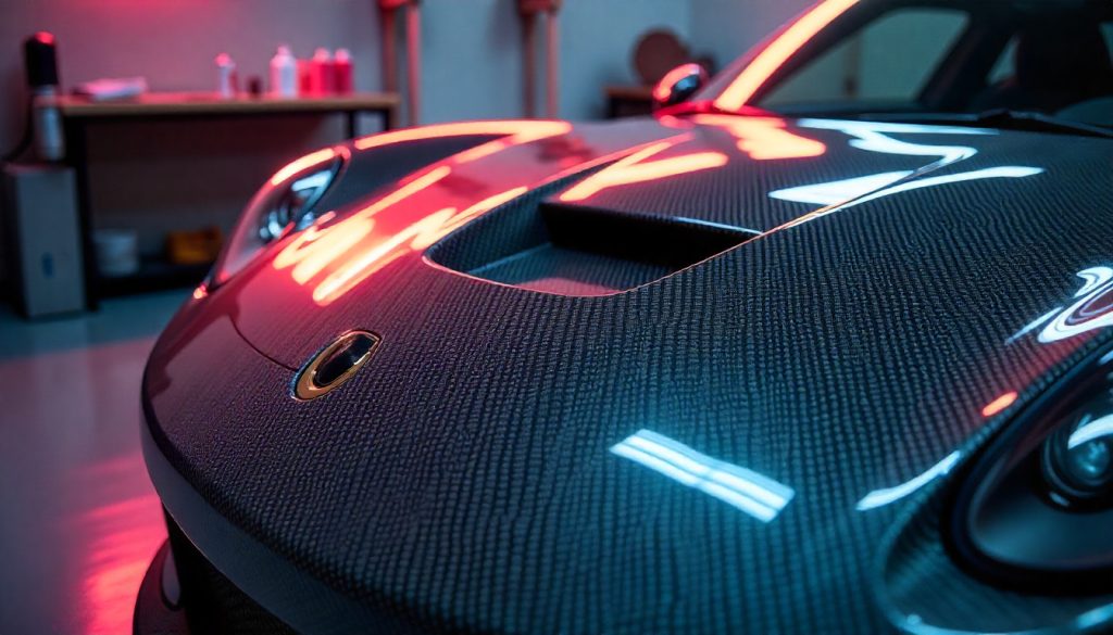 Freshly painted carbon fiber hood of a luxury sports car in a professional garage with painting tools and clear gloss finish visible.
