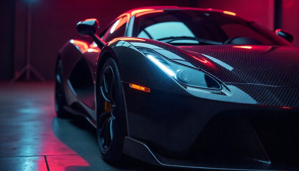 Carbon fiber luxury supercar with detailed close-up of carbon fiber weave on hood and panels under studio lighting.