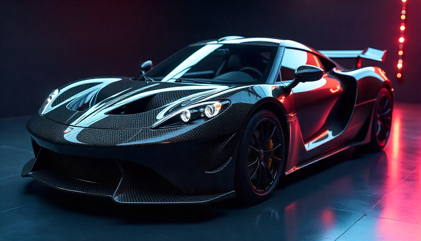 Carbon fiber luxury supercar with detailed close-up of carbon fiber weave on hood and panels under studio lighting.