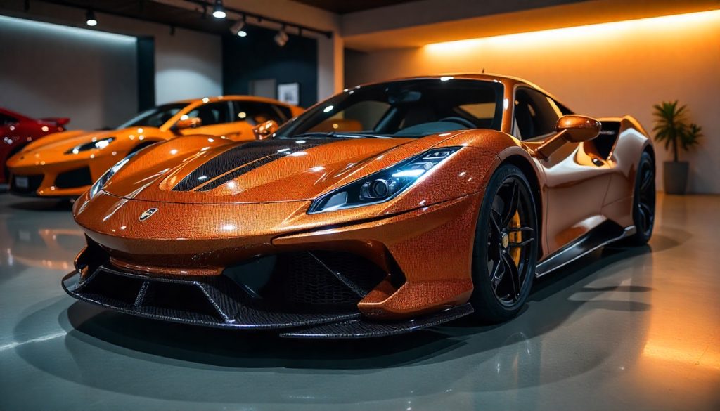 Exotic sports car featuring glossy carbon fiber body parts and interior accessories under dramatic showroom lighting showcasing luxury and performance.