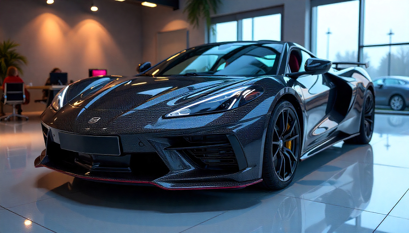 Exotic sports car featuring glossy carbon fiber body parts and interior accessories under dramatic showroom lighting showcasing luxury and performance.