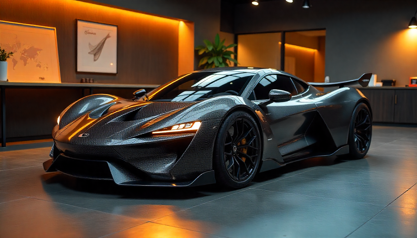 Futuristic carbon fiber sports car with visible weave patterns and aerodynamic design, displayed in a luxury showroom with dramatic lighting and modern craftsmanship elements.