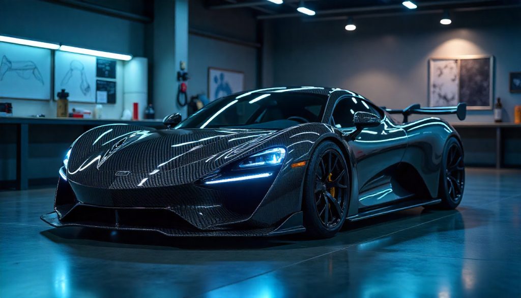 Futuristic carbon fiber sports car with visible weave patterns and aerodynamic design, displayed in a luxury showroom with dramatic lighting and modern craftsmanship elements.