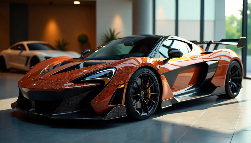 Luxury sports car with visible carbon fiber body panels and custom carbon fiber accessories in a modern showroom setting, showcasing performance and handcrafted automotive design.