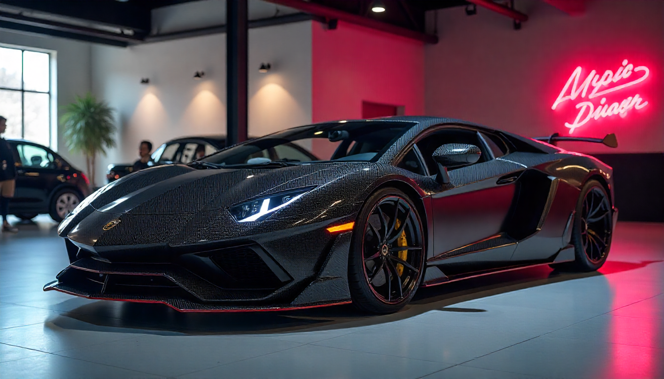 Luxury sports car with visible carbon fiber body panels and custom carbon fiber accessories in a modern showroom setting, showcasing performance and handcrafted automotive design.