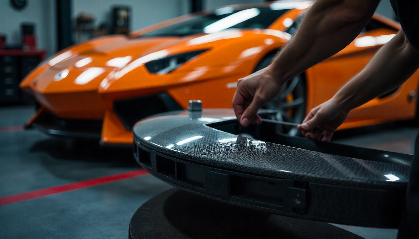 Technician repairing a high-gloss carbon fiber car part in a luxury auto workshop with precision tools and an exotic car in the background