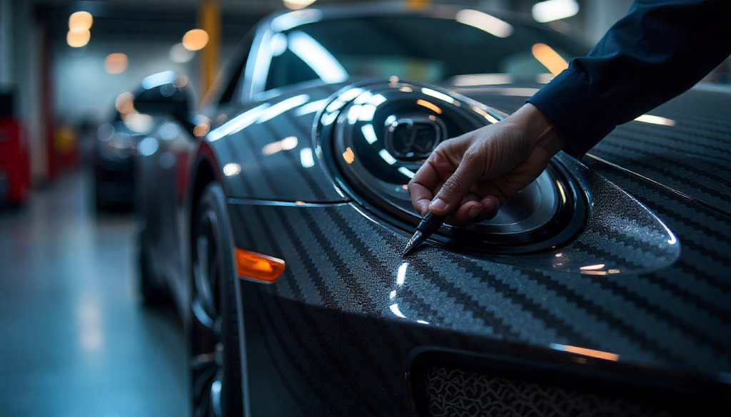 Technician repairing a high-gloss carbon fiber car part in a luxury auto workshop with precision tools and an exotic car in the background