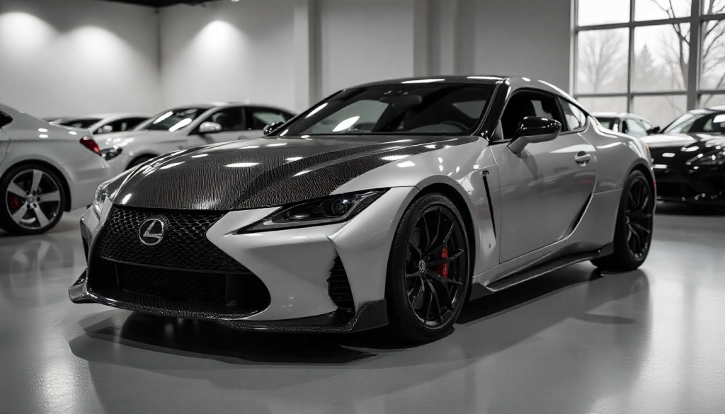 Luxury performance car featuring custom carbon fiber hood, steering wheel, and dashboard trim with a glossy carbon fiber weave finish in a premium showroom setting.