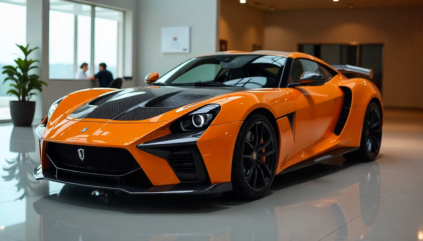 Luxury performance car featuring custom carbon fiber hood, steering wheel, and dashboard trim with a glossy carbon fiber weave finish in a premium showroom setting.