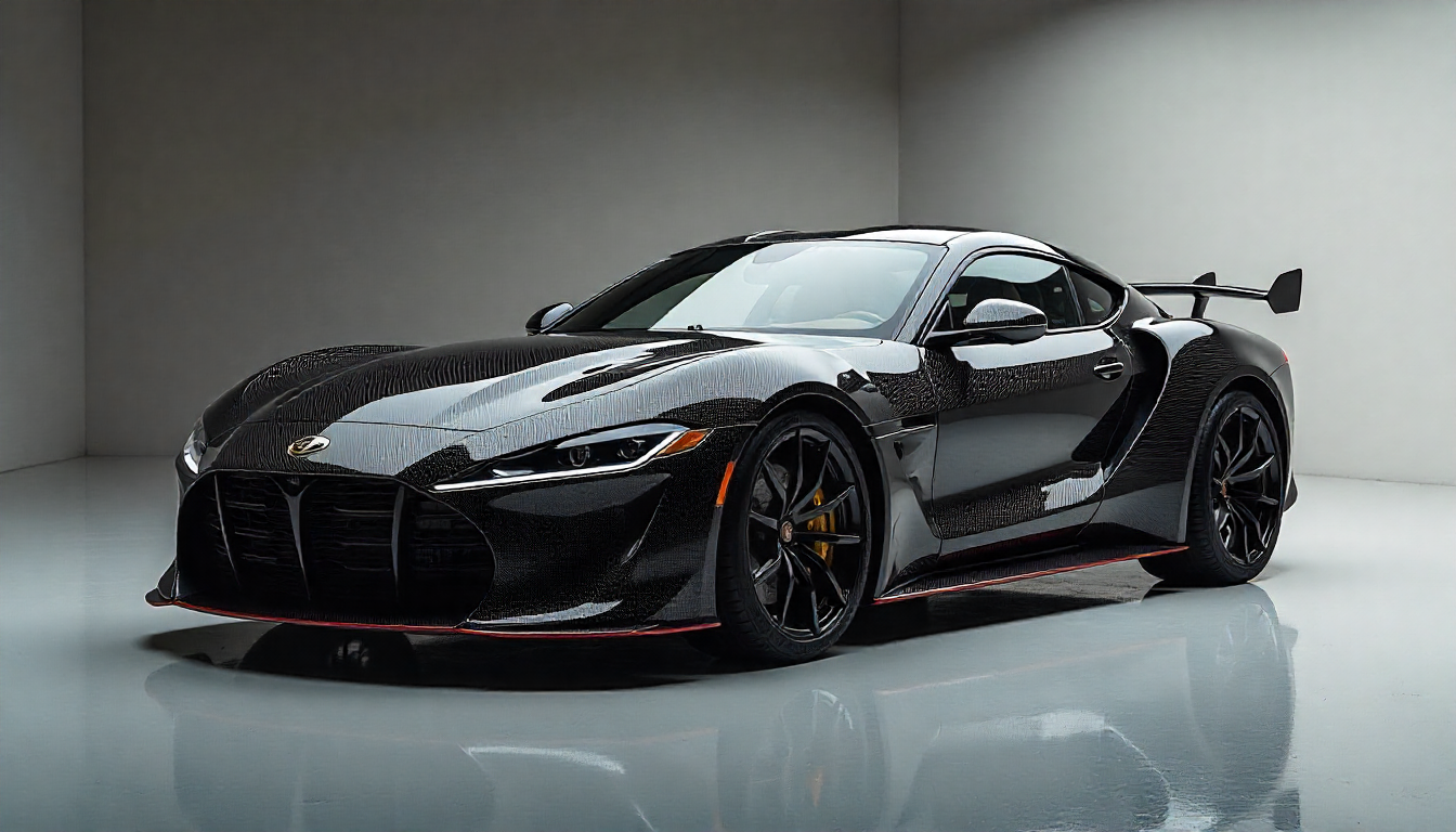 Luxury sports car with full dry carbon fiber body in a studio, highlighting the weave pattern, precision fitment, and handcrafted carbon fiber detailing on hood, spoiler, and dashboard.