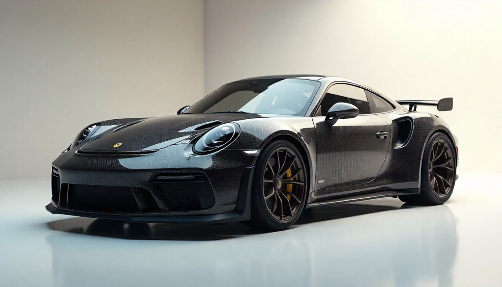 Luxury sports car with full dry carbon fiber body in a studio, highlighting the weave pattern, precision fitment, and handcrafted carbon fiber detailing on hood, spoiler, and dashboard.