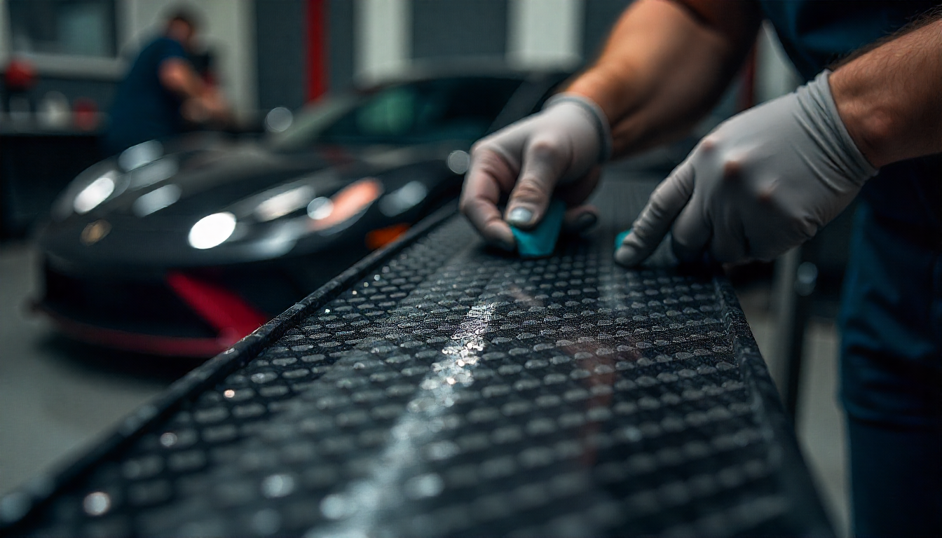 Technician repairing a damaged carbon fiber car part in a luxury automotive workshop, showcasing the weave texture and precision craftsmanship.