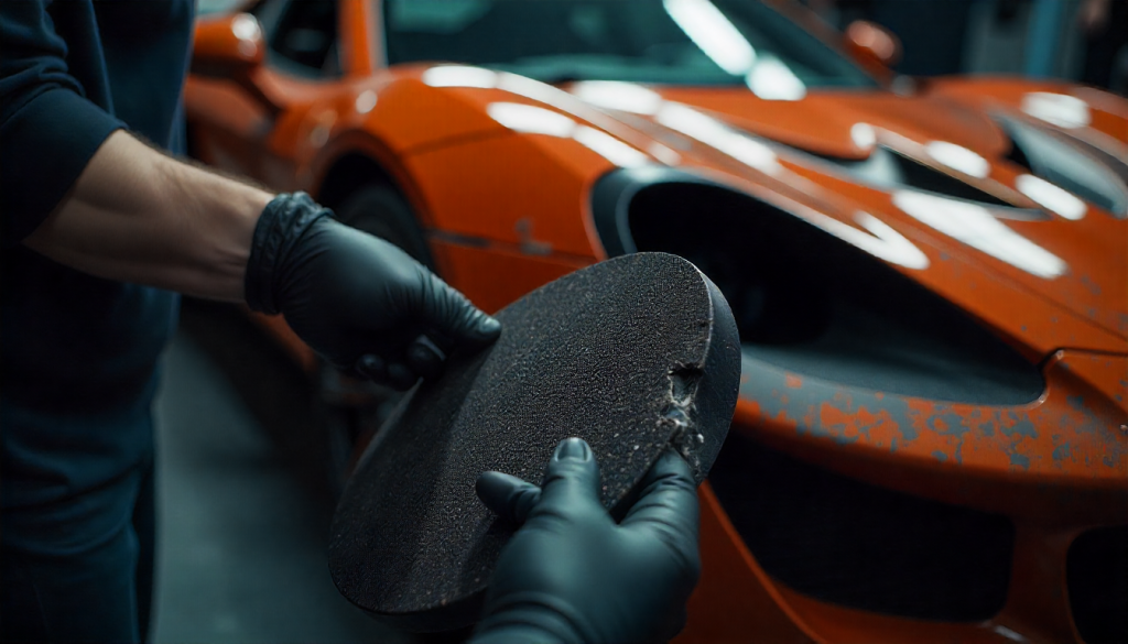 Technician repairing a damaged carbon fiber car part in a luxury automotive workshop, showcasing the weave texture and precision craftsmanship.