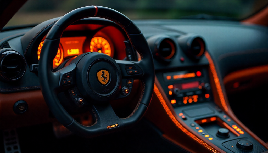 Close-up of a luxury sports car interior featuring glossy carbon fiber parts with a symbolic bullet impact, illustrating the strength and limitations of carbon fiber materials.