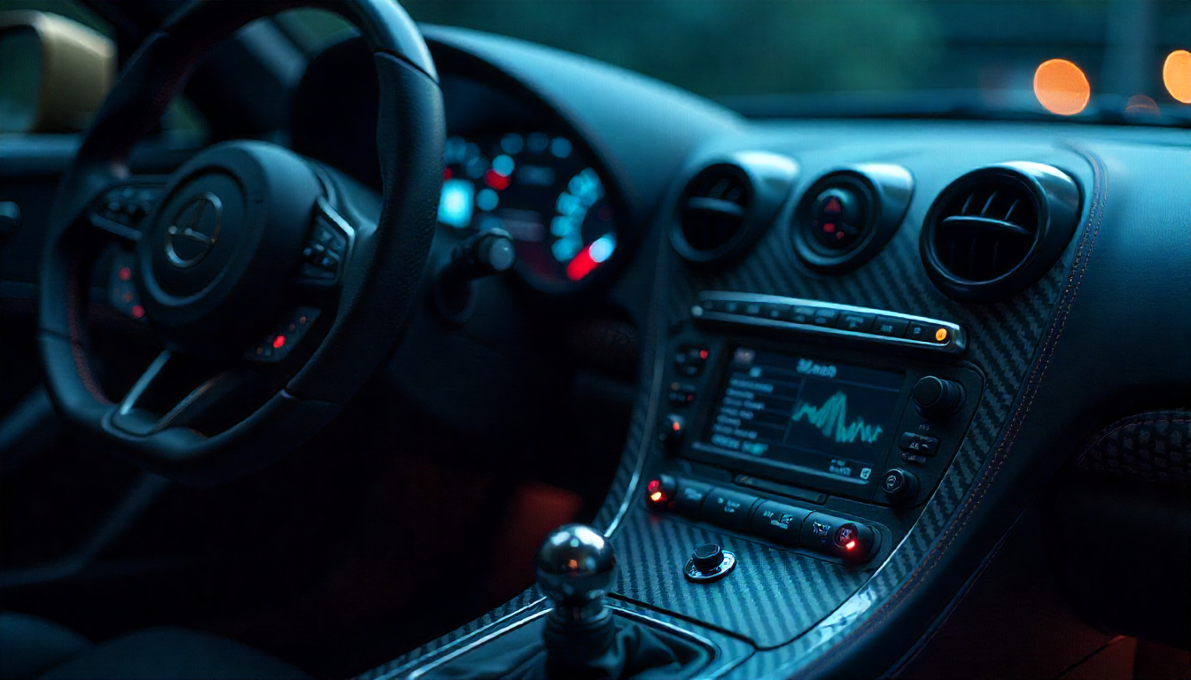 Close-up of a luxury sports car interior featuring glossy carbon fiber parts with a symbolic bullet impact, illustrating the strength and limitations of carbon fiber materials.
