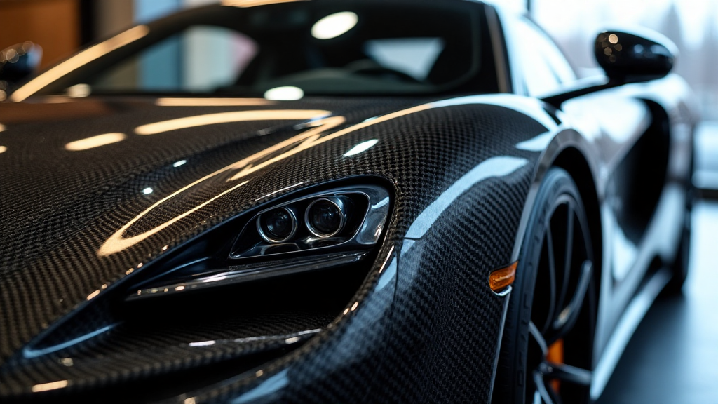 Close-up of a high-end supercar featuring carbon fiber twill weave and forged carbon details, representing premium handcrafted materials used in performance automotive parts