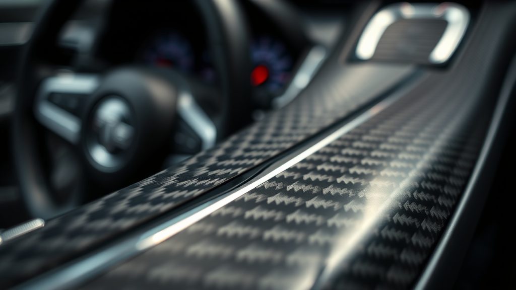 Close-up image of handcrafted carbon fiber weave used in high-end automotive parts, highlighting texture, gloss finish, and premium craftsmanship