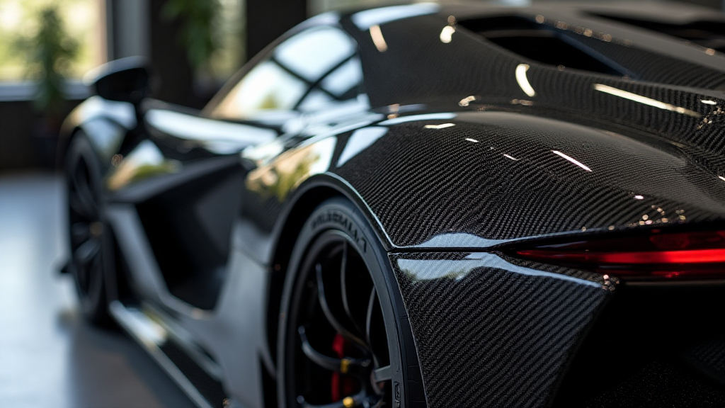Close-up of a high-end supercar featuring carbon fiber twill weave and forged carbon details, representing premium handcrafted materials used in performance automotive parts