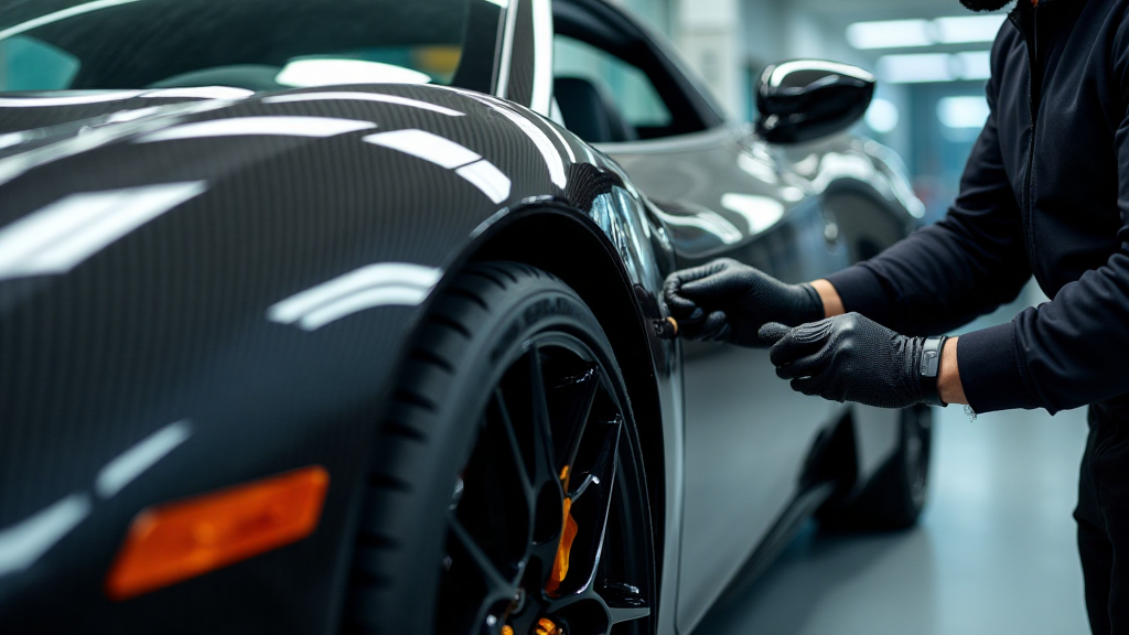 A luxury sports car in a high-end detailing studio with its carbon fiber side panel mid-repair, showcasing tools like resin applicators and heat lamps; focus on the glossy carbon fiber texture, deep weave pattern, and a technician wearing gloves working meticulously under ambient lighting with precision and care