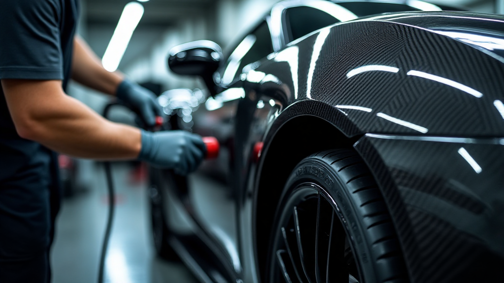 A luxury sports car in a high-end detailing studio with its carbon fiber side panel mid-repair, showcasing tools like resin applicators and heat lamps; focus on the glossy carbon fiber texture, deep weave pattern, and a technician wearing gloves working meticulously under ambient lighting with precision and care