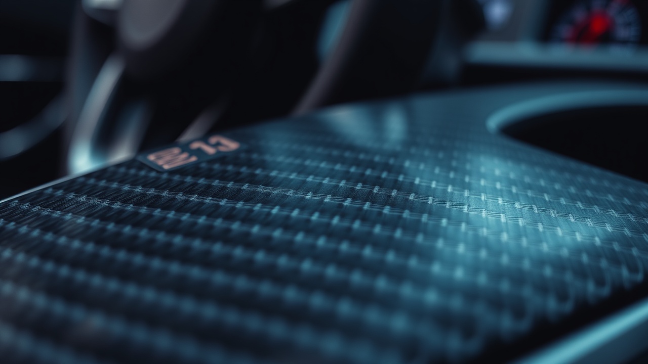 Close-up image of handcrafted carbon fiber weave used in high-end automotive parts, highlighting texture, gloss finish, and premium craftsmanship
