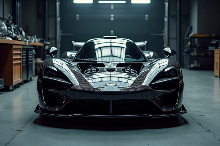 Exposed carbon fiber and aluminum supercar chassis in a luxury garage with performance parts and high-end detailing