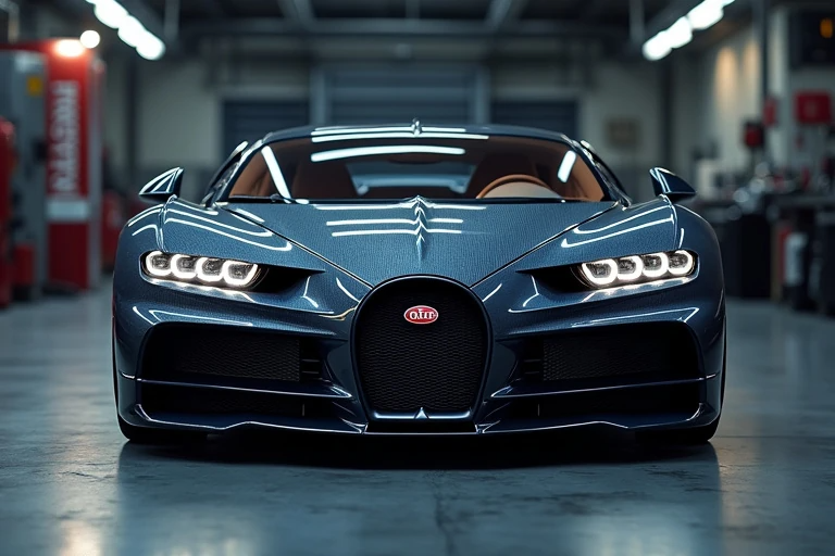 Bugatti hypercar in a luxury garage highlighting visible carbon fiber body panels and aerodynamic design