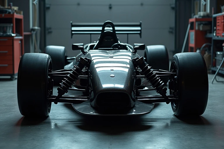 Exposed carbon fiber and aluminum supercar chassis in a luxury garage with performance parts and high-end detailing