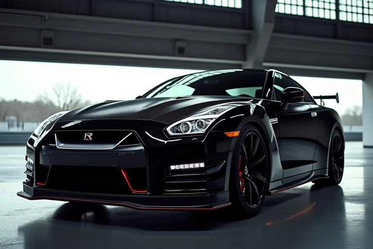 Nissan GT-R R35 featuring visible carbon fiber hood, roof, and rear spoiler under dramatic lighting, emphasizing high-performance and luxury automotive design.