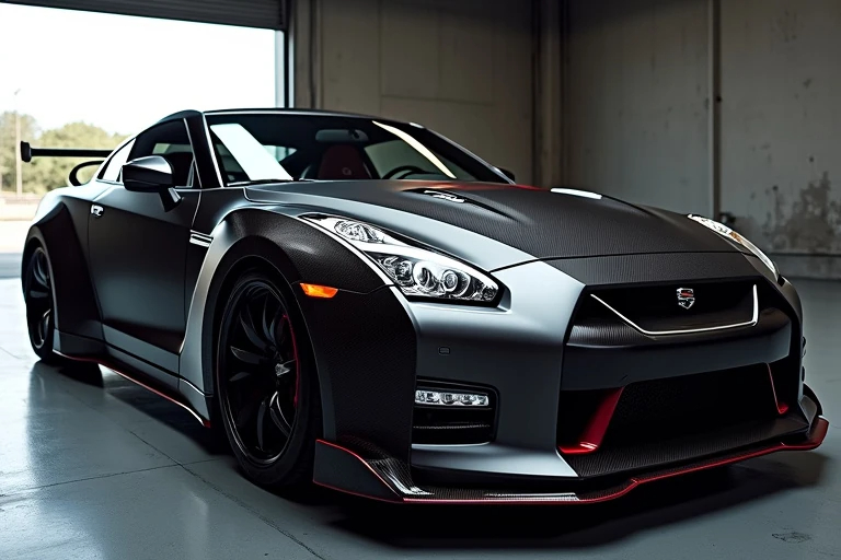Nissan GT-R R35 featuring visible carbon fiber hood, roof, and rear spoiler under dramatic lighting, emphasizing high-performance and luxury automotive design.