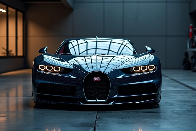 Bugatti hypercar in a luxury garage highlighting visible carbon fiber body panels and aerodynamic design